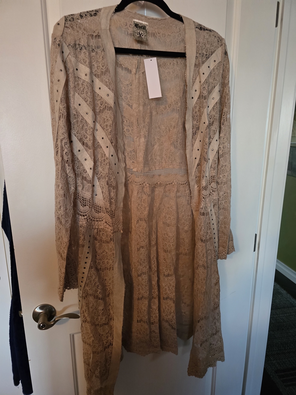 Vocal Beige (& Pink) Lace Open-Front Long Cardigan with Stud Trim (2 Available)